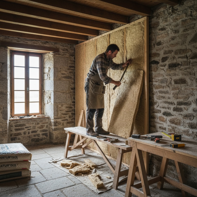 Artisan posant un isolant biosourcé sur un mur en pierre dans le Morbihan.