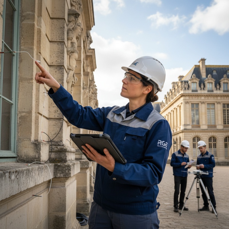 Technicien RGE réalisant un audit énergétique sur une façade historique à Versailles