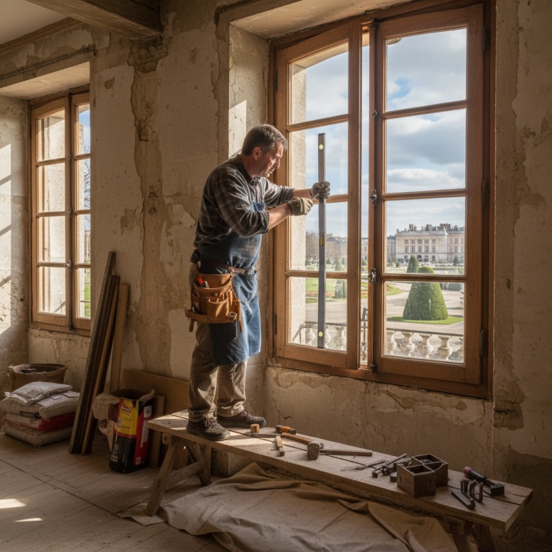 Artisan installant une fenêtre performante dans un bâtiment ancien à Versailles