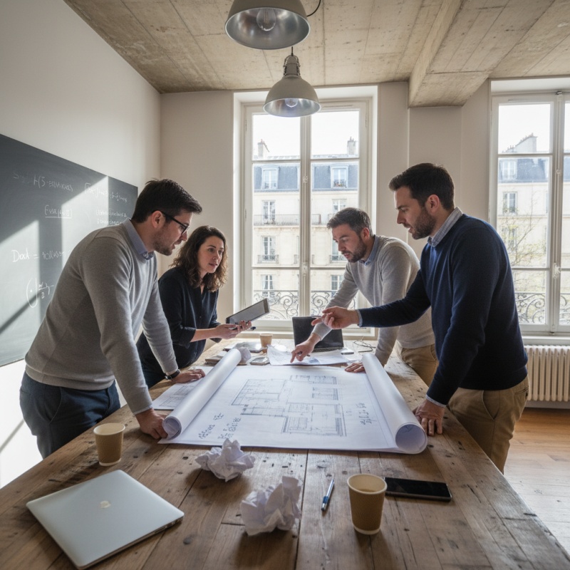 Équipe d'ingénieurs du bureau d'étude thermique Audit Rénovation à Paris travaillant sur un projet