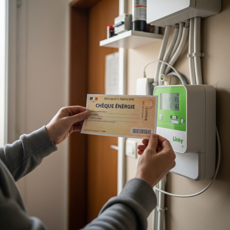 Personne vérifiant son compteur électrique avec un chèque énergie à la main pour payer sa facture.