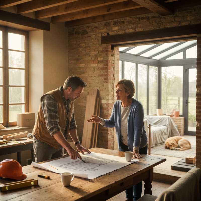 Artisan RGE expliquant les travaux de rénovation énergétique à un propriétaire.