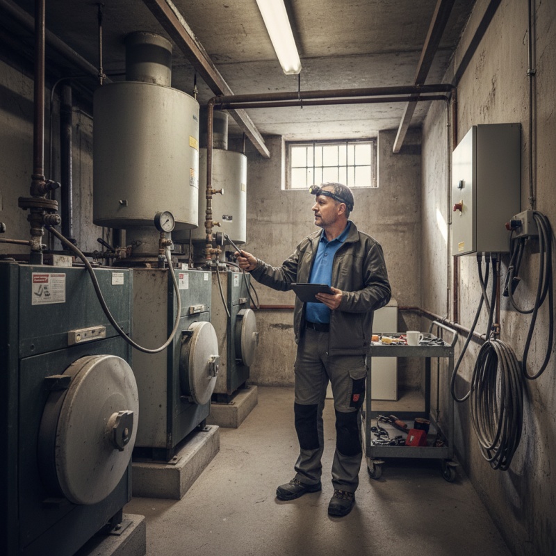 Technicien RGE inspectant une chaufferie collective pour un DPE en copropriété