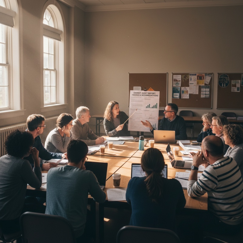 Syndic de copropriété présentant un rapport d'audit énergétique aux copropriétaires