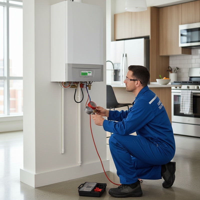 Diagnostiqueur certifié examinant une chaudière individuelle pour un DPE en appartement