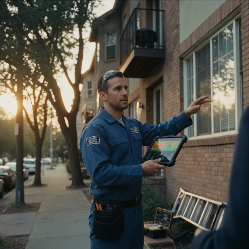Technicien RGE réalisant un DPE collectif sur la façade d'un immeuble