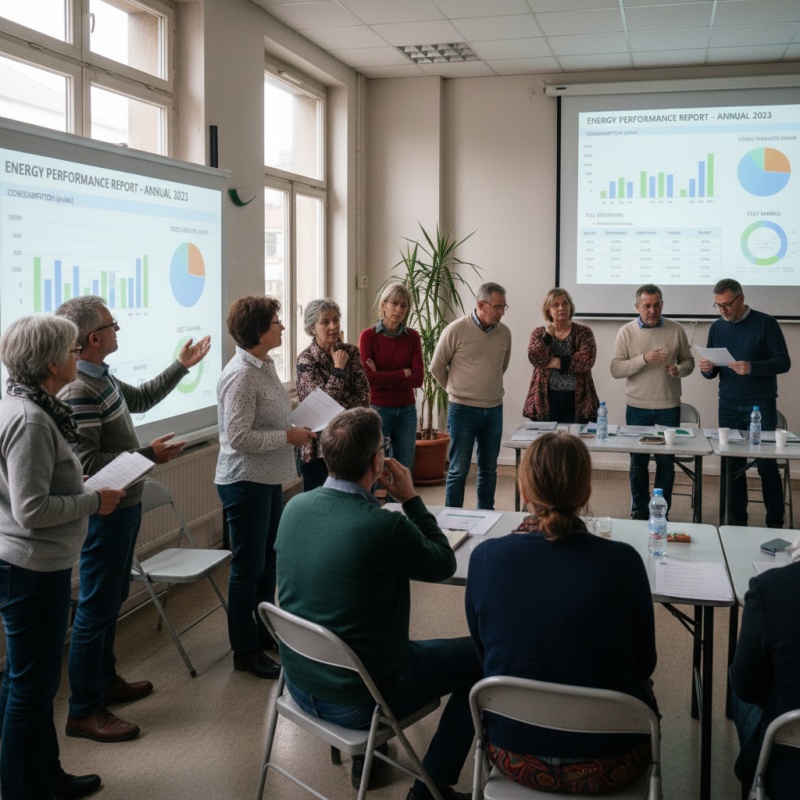 Syndic de copropriété présentant les résultats d'un DPE collectif aux résidents