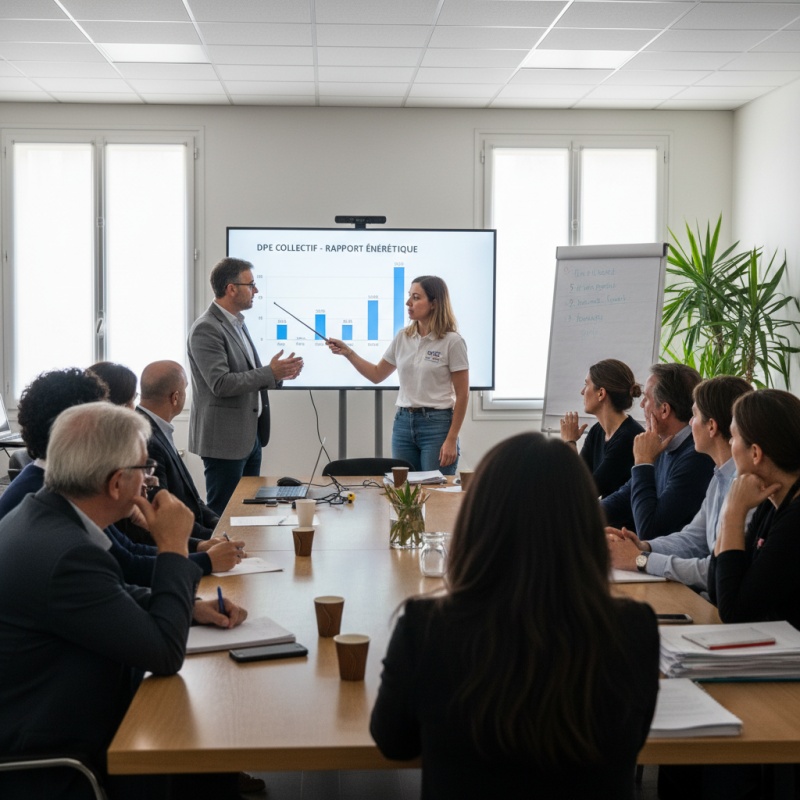 Syndic de copropriété présentant les obligations réglementaires du DPE collectif lors d'une assemblée générale