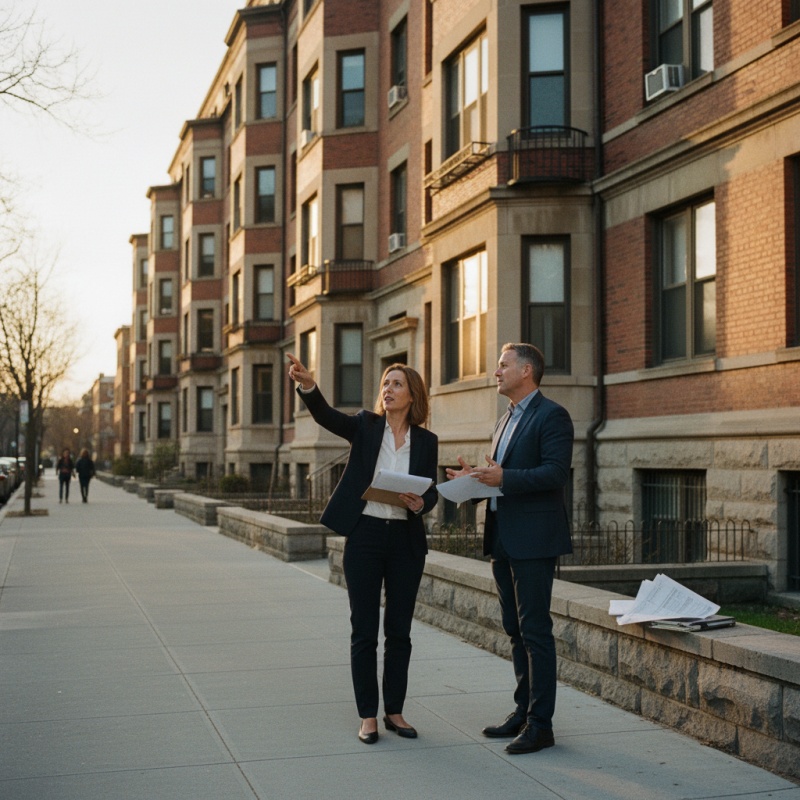 Syndic de copropriété et propriétaire discutant du DPE obligatoire devant un immeuble