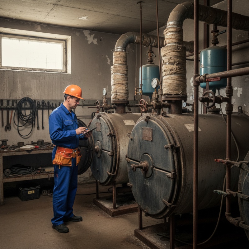 Technicien certifié réalisant un DPE avec mention copropriété dans la chaufferie collective d'un immeuble.