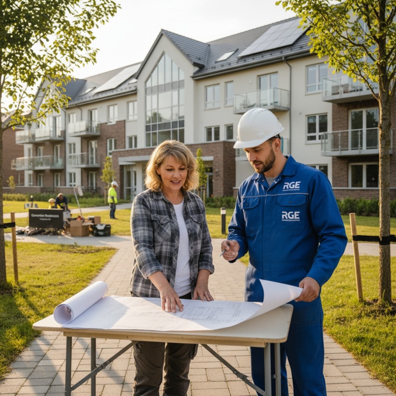 Propriétaire unique d'un immeuble discutant du DPE monopropriété avec un technicien RGE