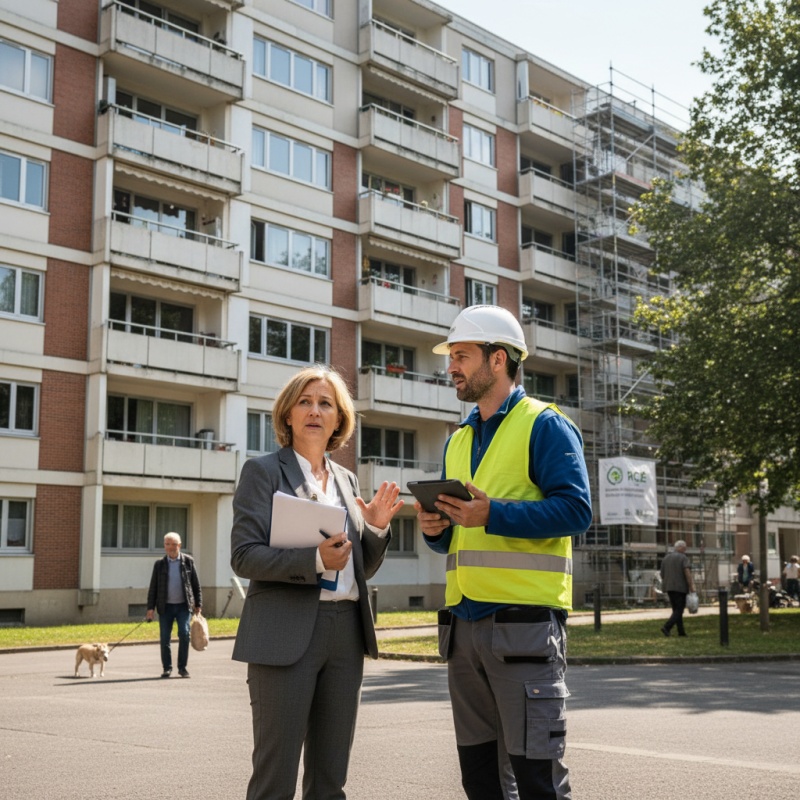 Syndic de copropriété échangeant avec un expert RGE pour un DTG d'immeuble