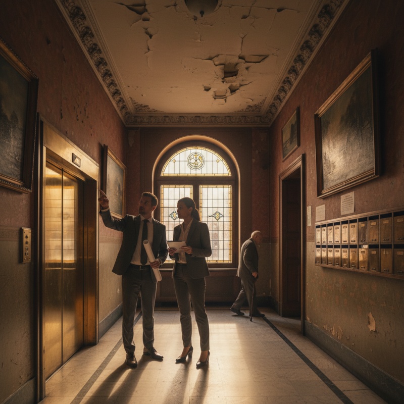 Expert RGE discutant avec un syndic de copropriété dans le hall d'un immeuble ancien pour un DTG obligatoire