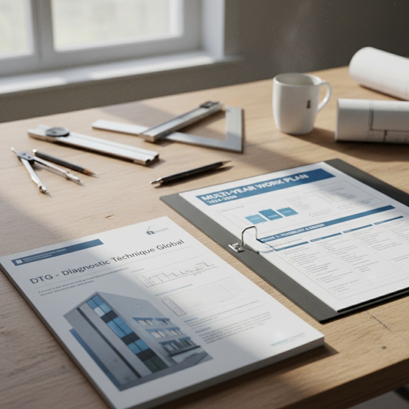 Superposition d'un rapport de DTG et d'un plan pluriannuel de travaux sur un bureau d'architecte