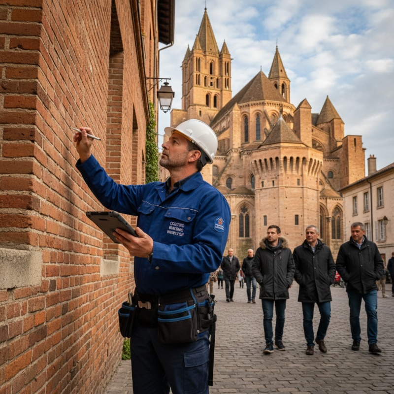 Expert réalisant un DTG sur un immeuble en brique rouge à Albi