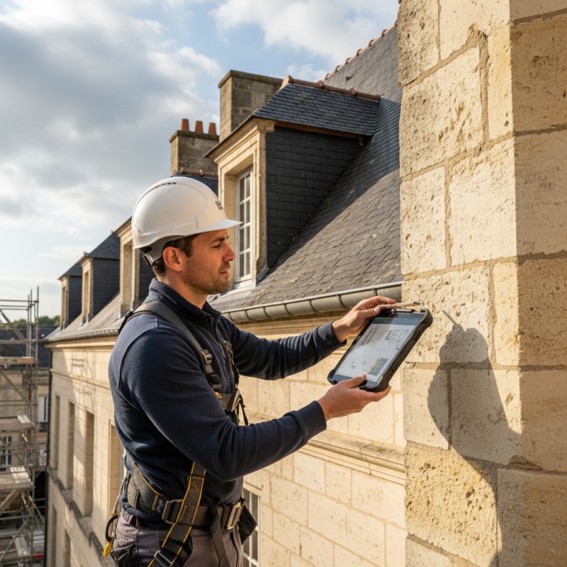 Expert réalisant un Diagnostic Technique Global (DTG) sur une façade en tuffeau à Angers