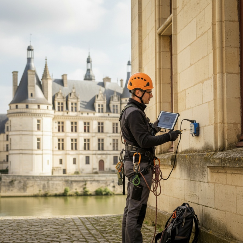 Expert réalisant un diagnostic technique global (DTG) sur un immeuble en tuffeau à Blois