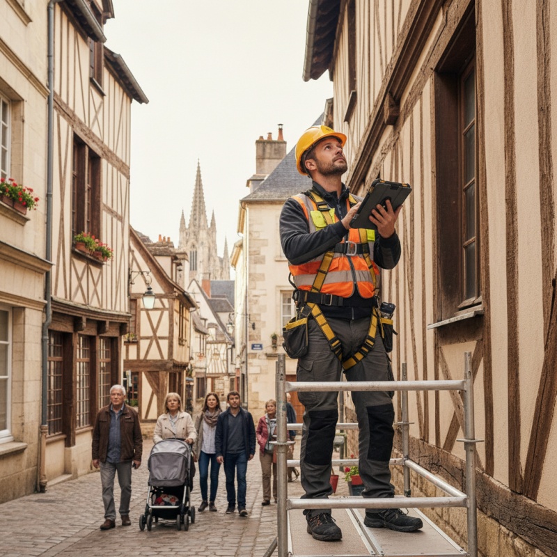 Expert réalisant un DTG sur une maison à colombages typique du centre-ville de Bourges.