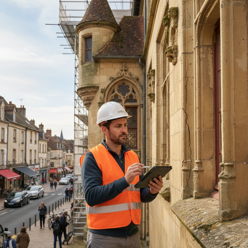Expert réalisant un DTG à Brive-la-Gaillarde sur un bâtiment en pierre locale de Corrèze