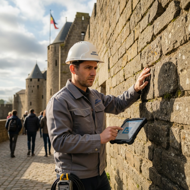 Expert réalisant un DTG sur un bâtiment historique de la Cité de Carcassonne.