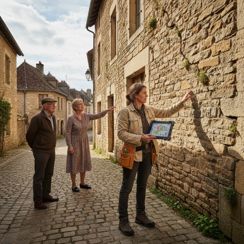 Expert réalisant un diagnostic technique global (DTG) sur une façade en pierre à Caylus.