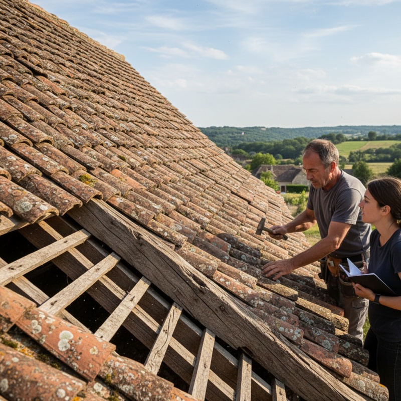 Inspection d'une toiture traditionnelle en tuiles canal pour un DTG dans le Quercy.