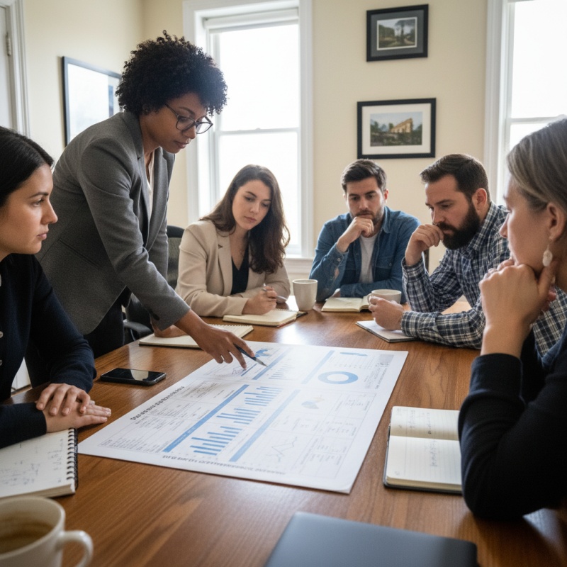Syndic de copropriété et propriétaires étudiant le rapport de DTG pour planifier les travaux de rénovation.