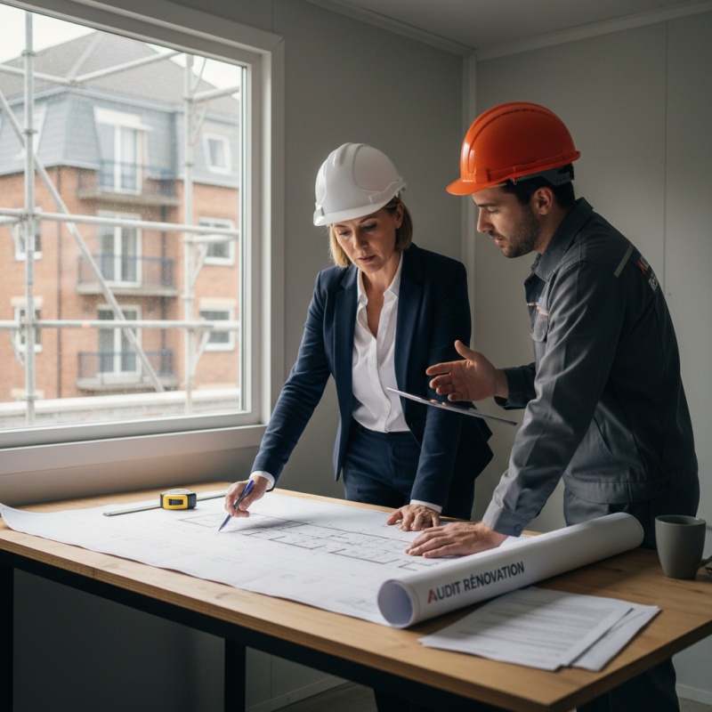 Syndic de copropriété discutant du rapport de DTG à Créteil avec un expert Audit Rénovation