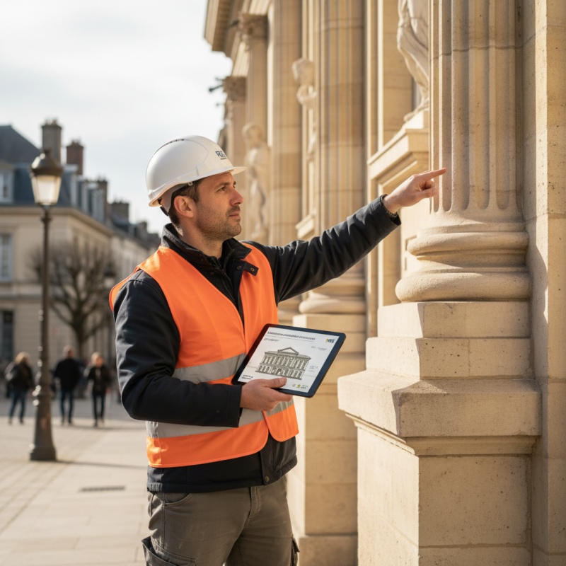 Technicien RGE réalisant un DTG sur un immeuble d'architecture napoléonienne à La Roche-sur-Yon