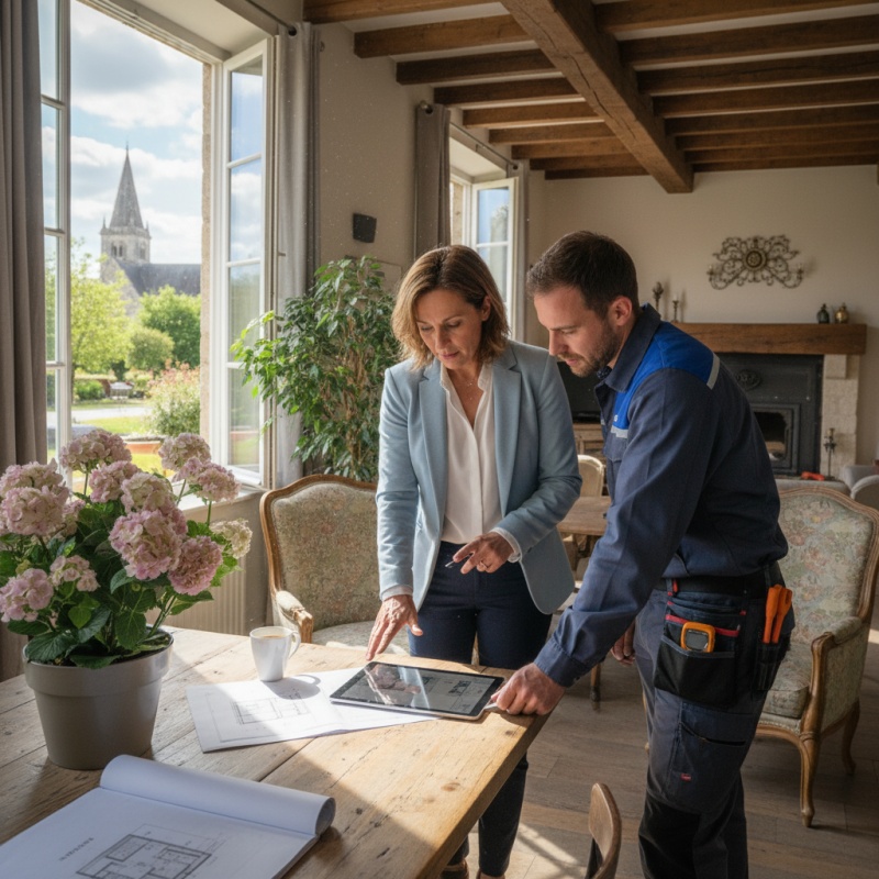 Syndic de copropriété à Laval discutant du rapport de DTG avec un technicien Audit Rénovation