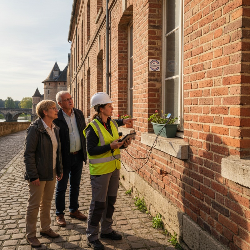 Expert réalisant un Diagnostic Technique Global (DTG) sur une copropriété en brique à Montauban