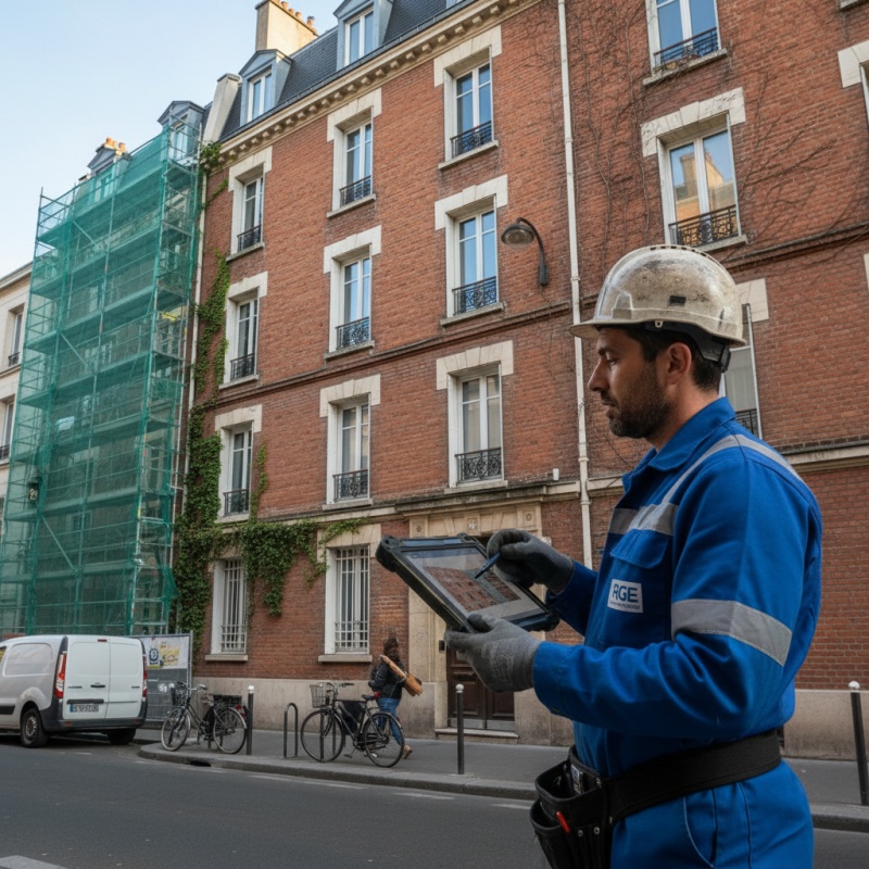 Technicien RGE réalisant un DTG sur la façade d'un immeuble en briques à Montreuil
