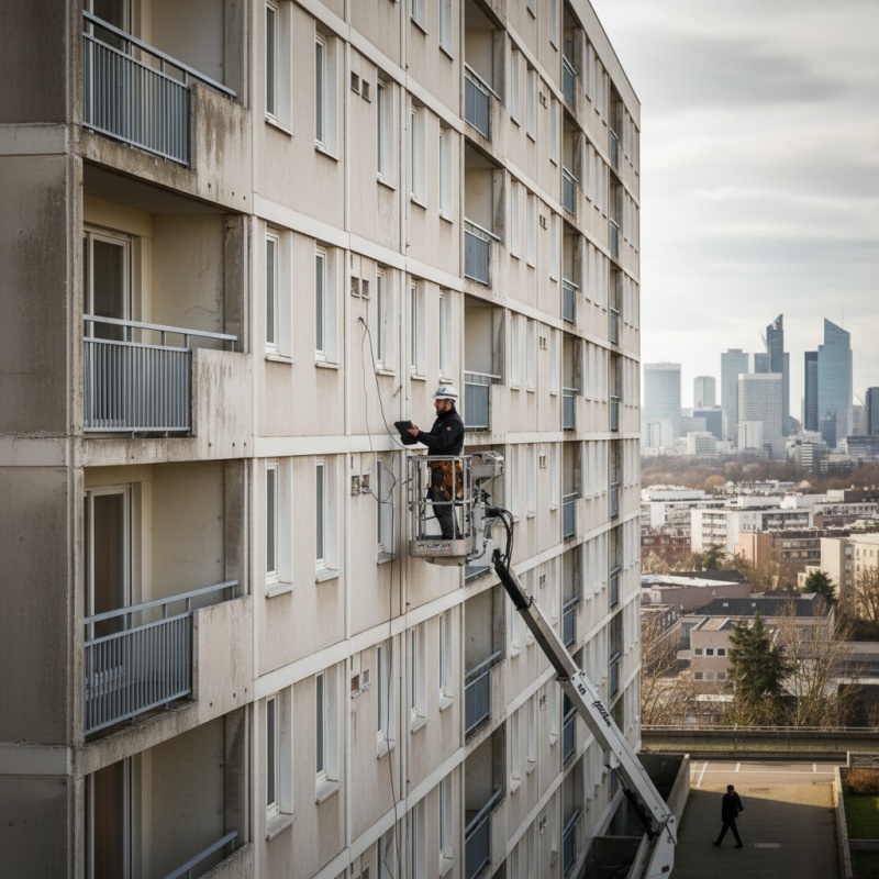 Technicien RGE réalisant un pré-diagnostic pour un DTG sur un grand ensemble à Nanterre