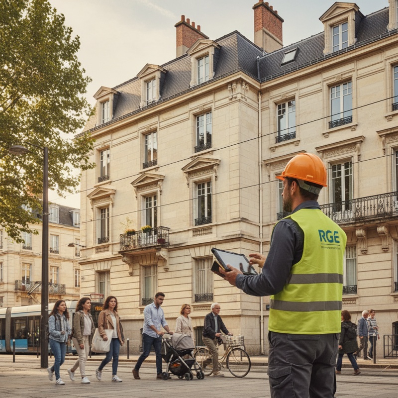 Expert RGE réalisant un Diagnostic Technique Global (DTG) sur un immeuble typique de Nantes