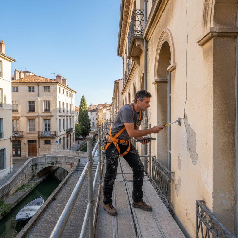 Expert RGE réalisant un DTG sur la façade d'un immeuble de copropriété à Narbonne