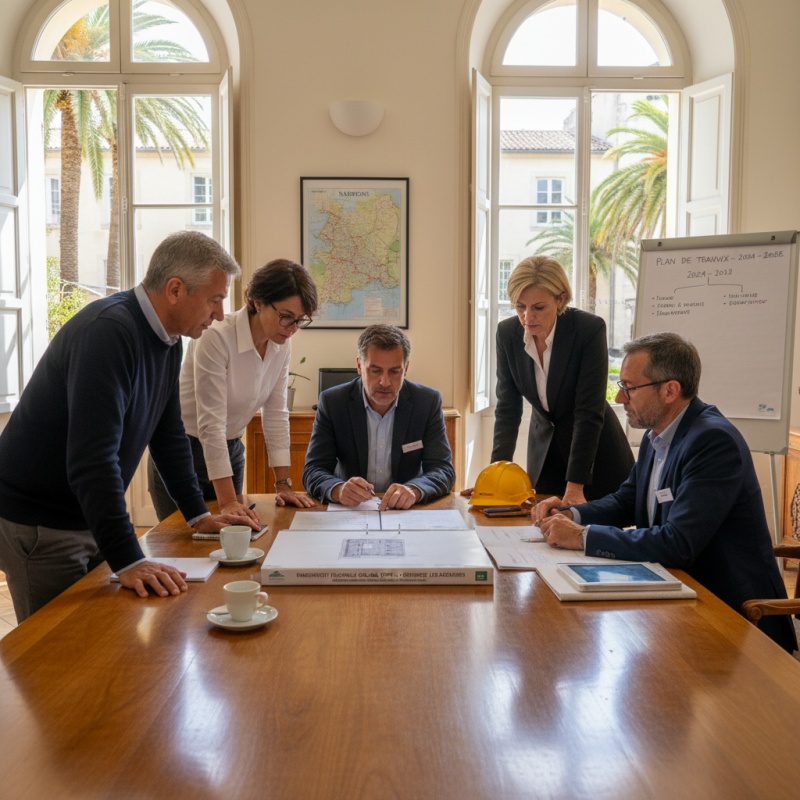 Syndic de copropriété et propriétaires analysant un rapport de Diagnostic Technique Global à Narbonne