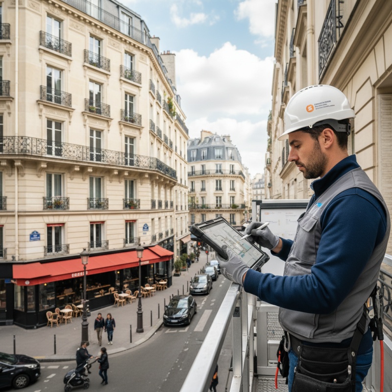 Expert réalisant un diagnostic technique global (DTG) sur un immeuble haussmannien à Paris