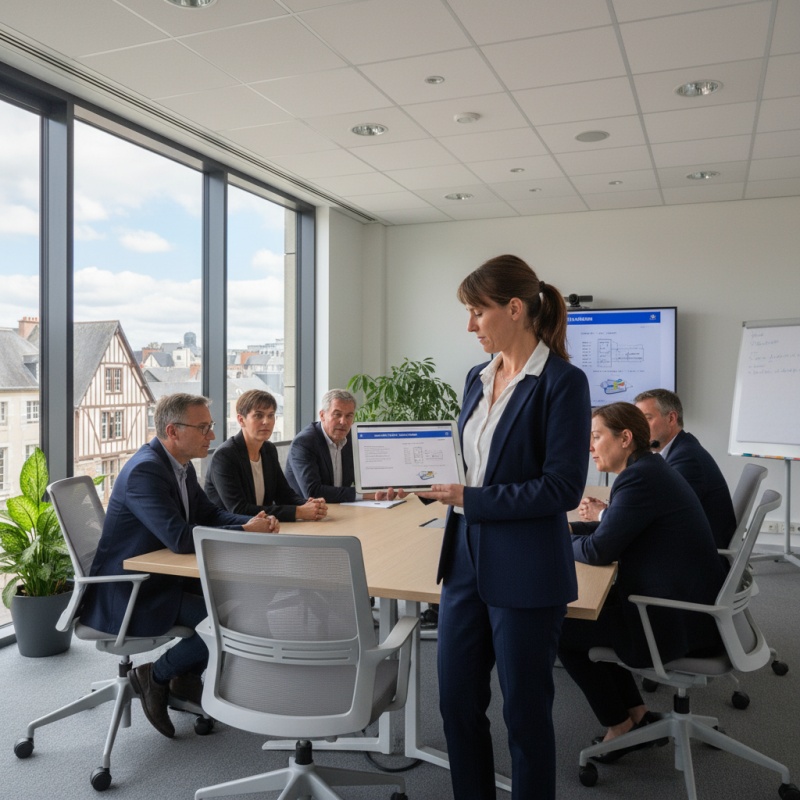 Expert Audit Rénovation présentant un rapport de DTG à un syndic de copropriété à Rennes.