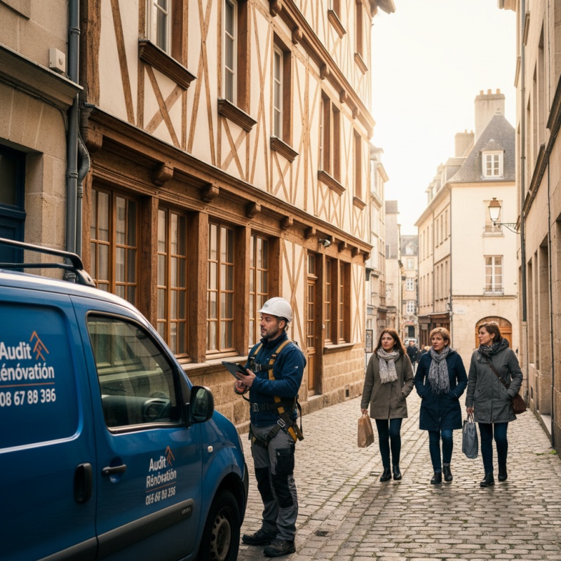Expert RGE réalisant un diagnostic technique global (DTG) sur un immeuble ancien à Rennes.