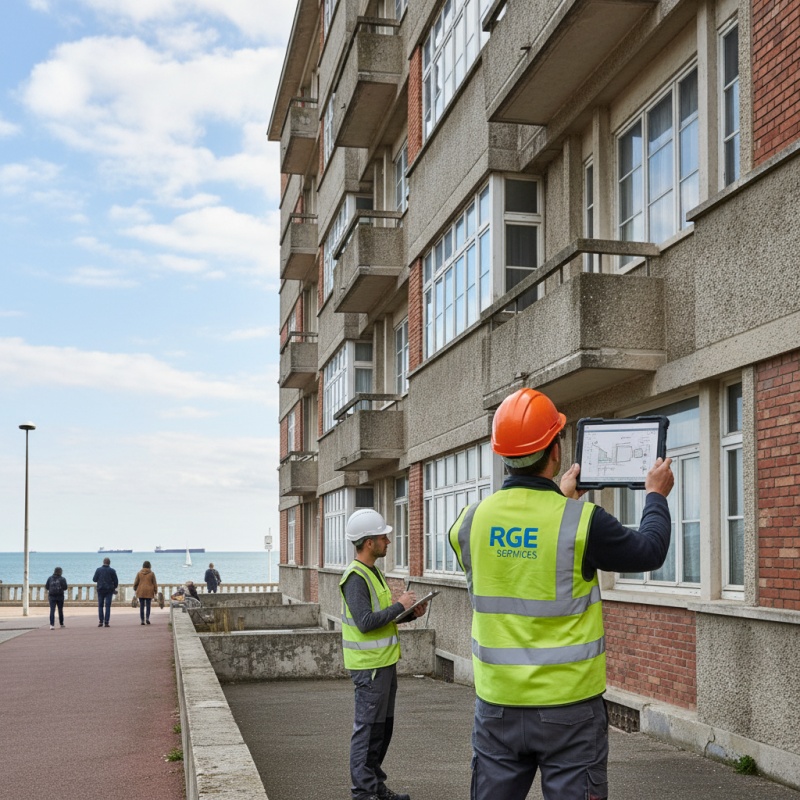 Expert réalisant un DTG sur un immeuble de copropriété à Saint-Nazaire face à l'océan Atlantique