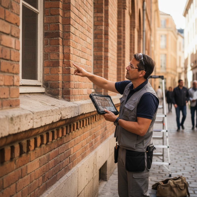 Expert réalisant un DTG sur un immeuble en brique foraine à Toulouse