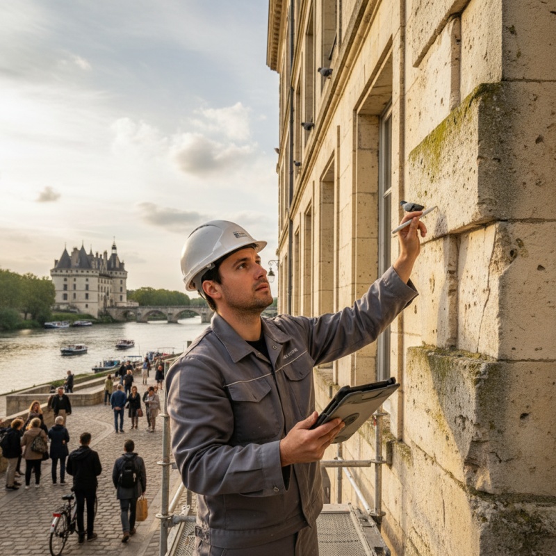Expert réalisant un DTG sur une façade en tuffeau d'une copropriété à Tours