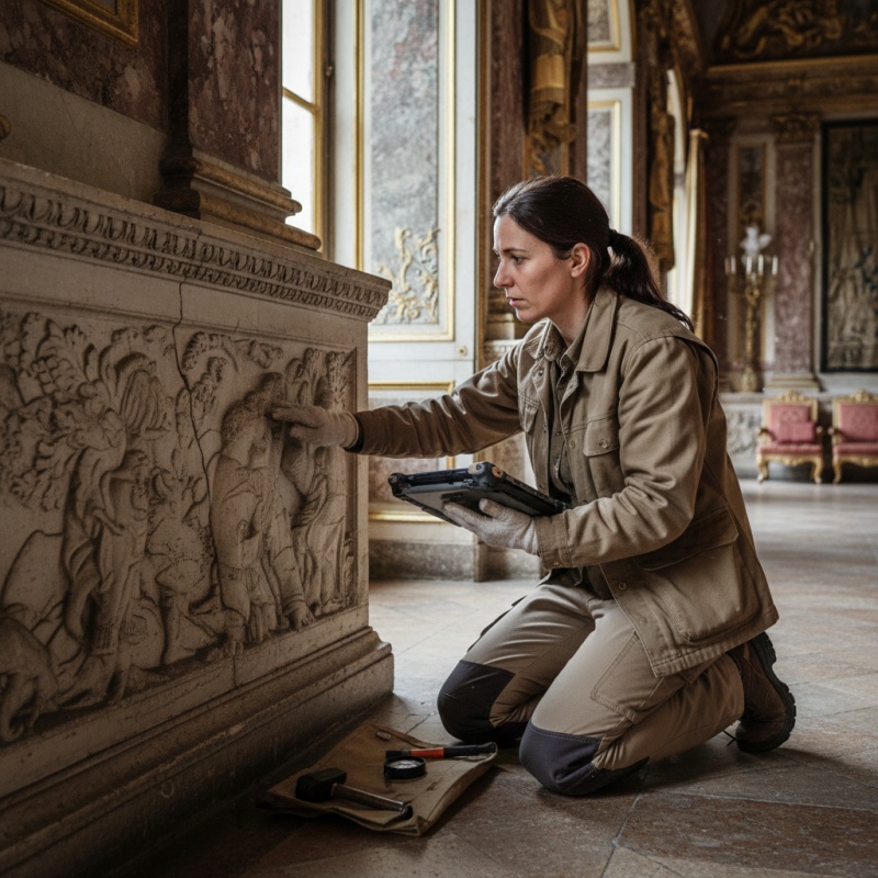 Expert réalisant un Diagnostic Technique Global sur un bâtiment historique à Versailles