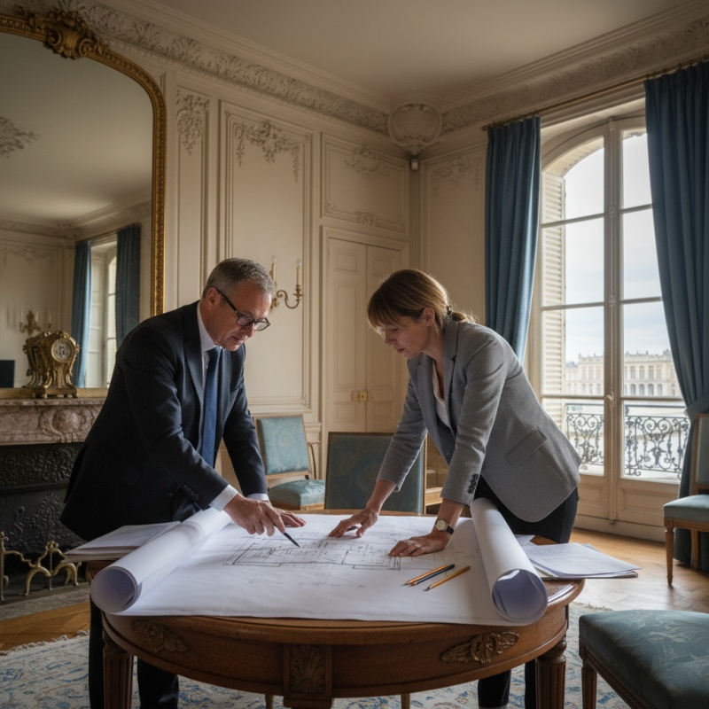 Syndic de copropriété et expert discutant du plan pluriannuel de travaux pour un immeuble à Versailles