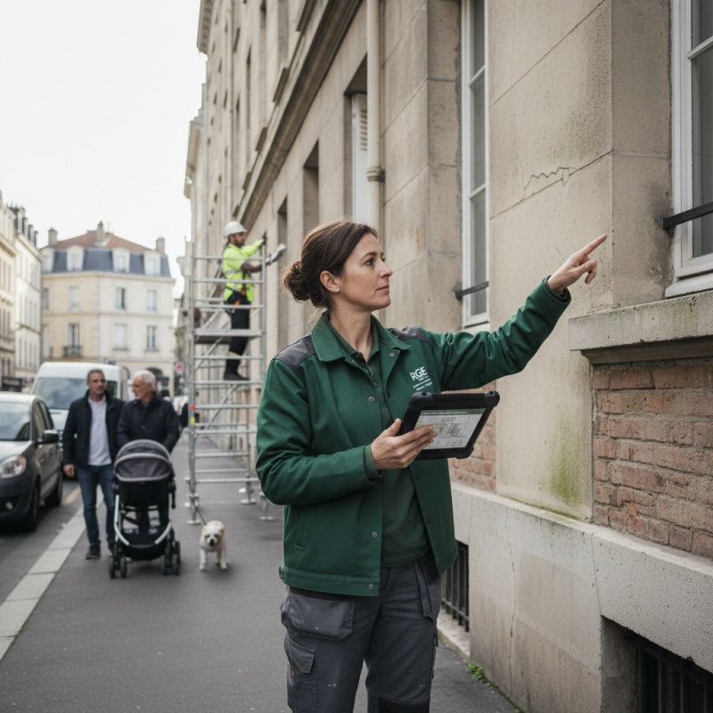 Expert réalisant un Diagnostic Technique Global (DTG) sur un immeuble de copropriété.