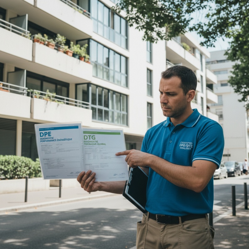 Expert RGE comparant un rapport DPE et un rapport DTG devant un immeuble en copropriété.