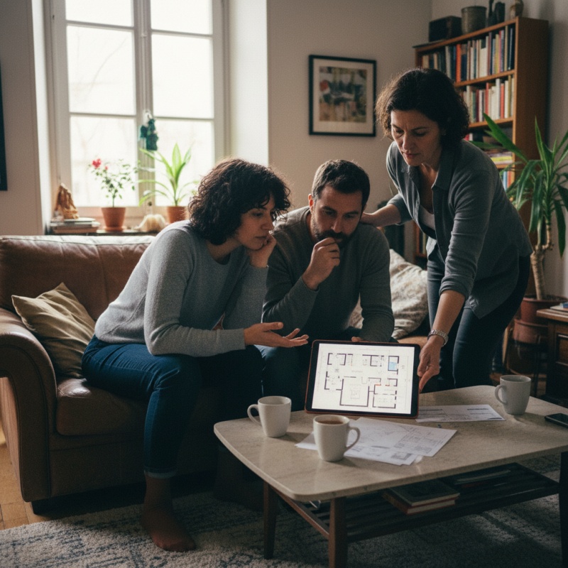Propriétaires planifiant des travaux de rénovation énergétique avec les conseils d'un auditeur qualifié.