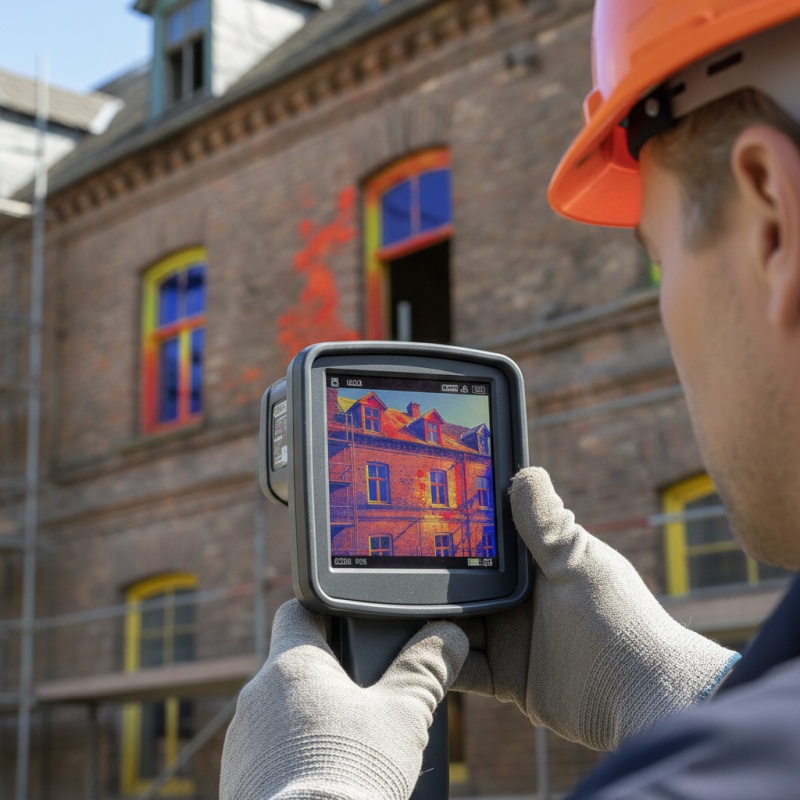 Analyse par caméra thermique des déperditions de chaleur d'une façade d'immeuble.