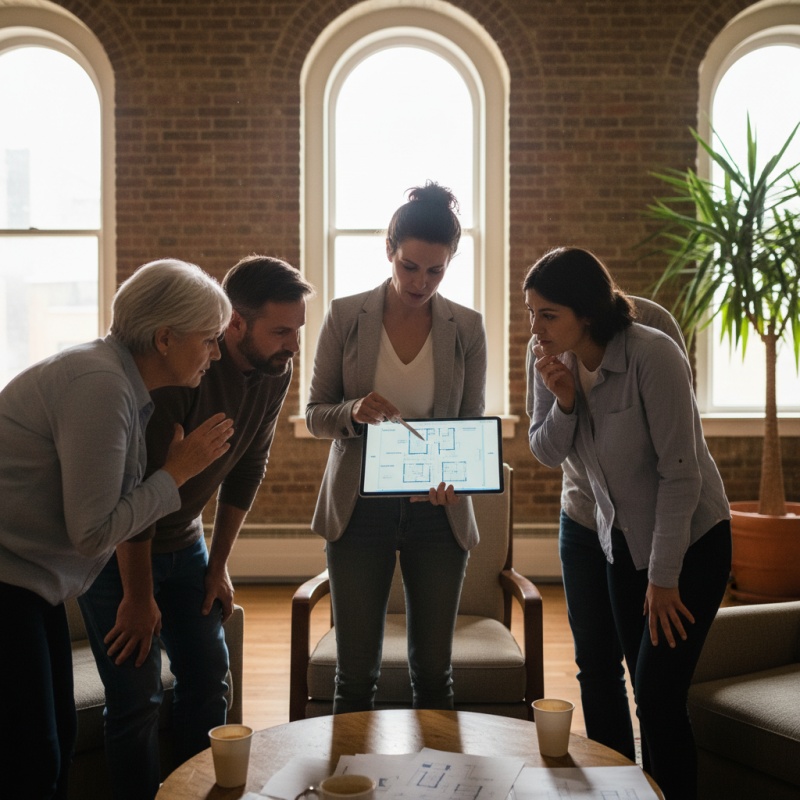 Maître d'œuvre présentant un projet de rénovation énergétique à un conseil syndical de copropriété