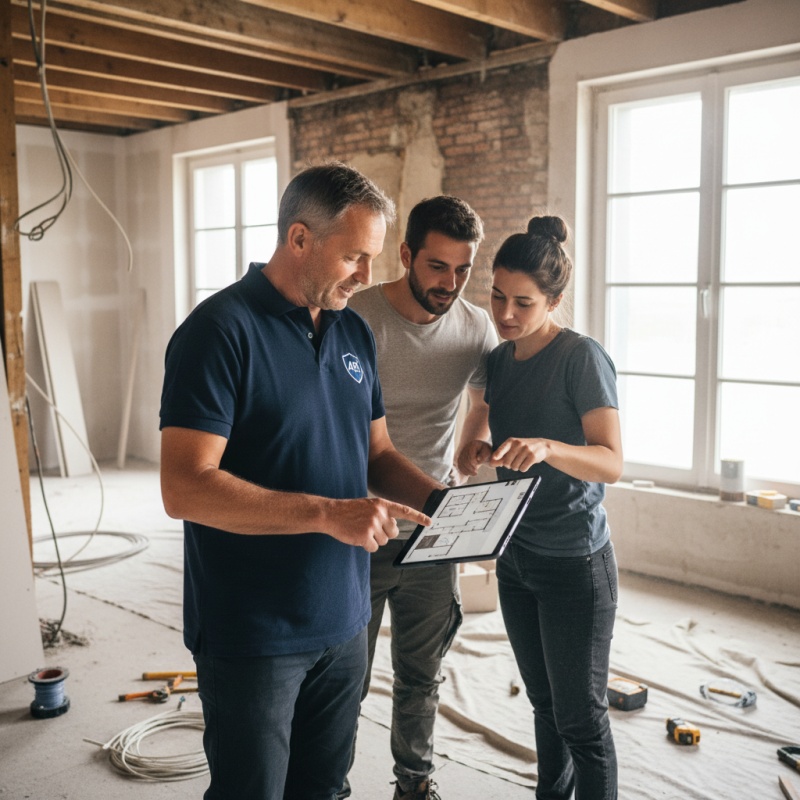 Expert en maîtrise d'œuvre Audit Rénovation présentant un projet de rénovation de maison à un couple de particuliers.